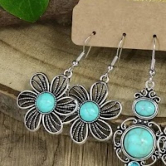 Set of 3 Silver Pendant Earrings w/ Turquoise Color Stones 925 Silver Hooks - Picture 3 of 4